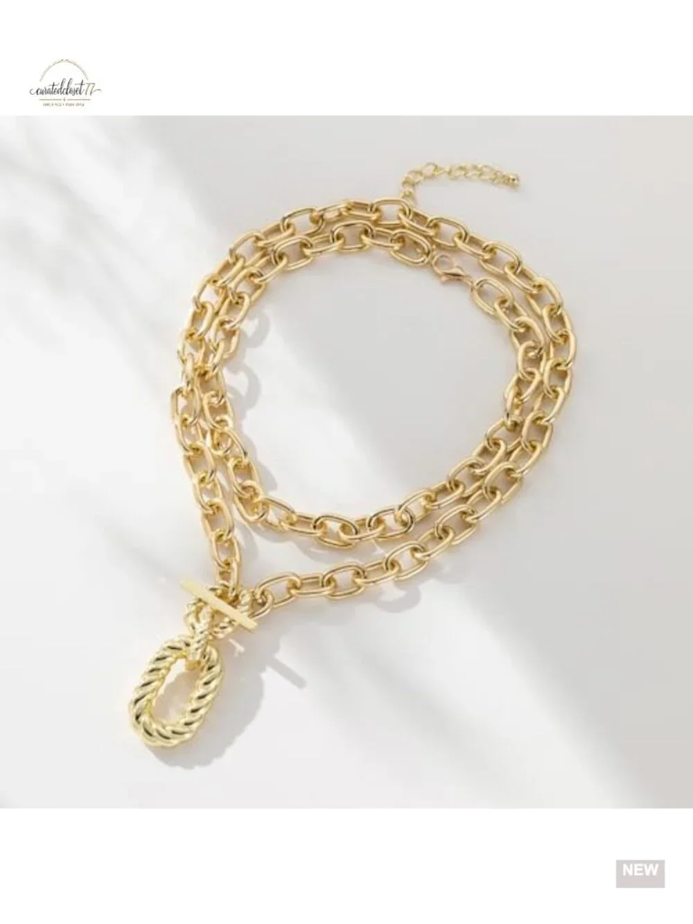 Chunky Gold Layered Necklaces Set - Minimalist Geometry Pendant Paperclip Chain